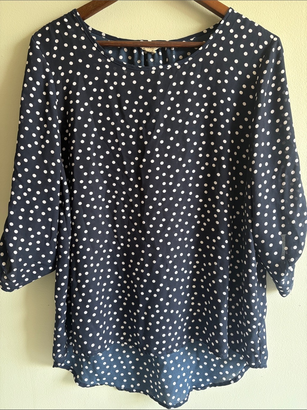 Navy‎ White Polka Dot Blouse High Low Sheer Sleeve Top L